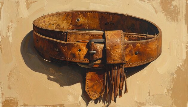 Vintage Leather Belt with Ornate Buckle and Fringe Detail.