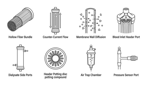 Medical dialyzer components for blood filtration with hollow fiber and flow paths.