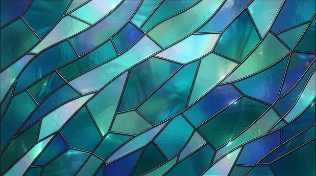 Abstract stained glass background with flowing geometric shapes in blue and teal hues, iridescent glass texture with dark lead lines and soft light reflections