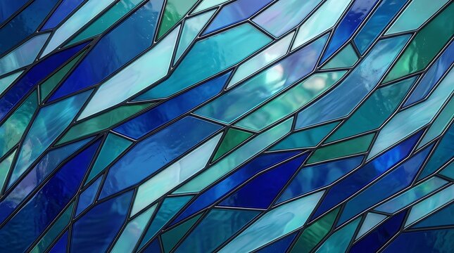 Abstract stained glass window texture with geometric blue and teal shards, featuring sharp angular shapes and lead cames