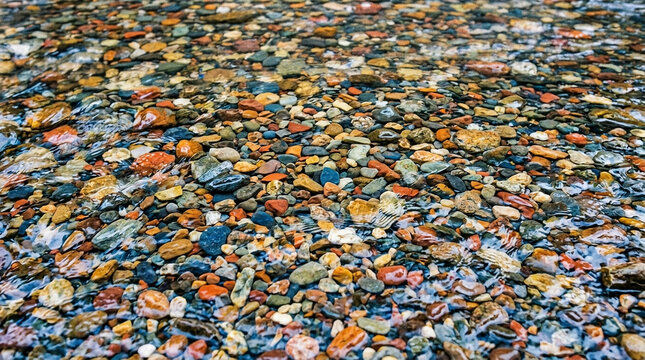 Colorful riverbed pebbles submerged in shallow flowing water, close-up texture