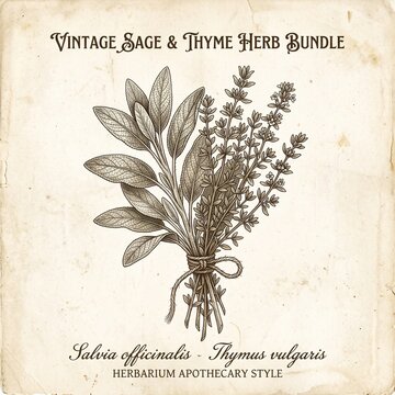 Vintage hand drawn sage and thyme herb bundle illustration