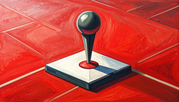 Vintage arcade joystick on red tiled background.