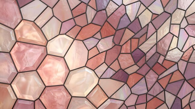 Abstract stained glass texture with irregular hexagonal and polygonal shapes in shades of pink, peach, and purple, featuring a beveled glass appearance