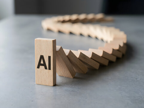 Wooden dominoes falling with AI text block representing artificial intelligence disruption.