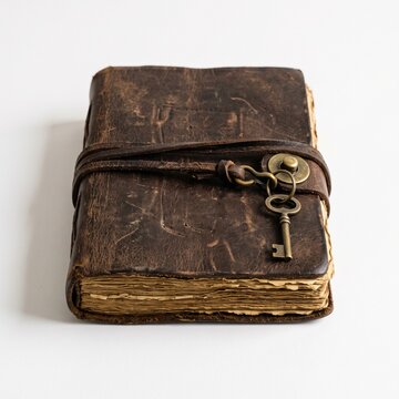 Old black leather journal with a metal lock and key