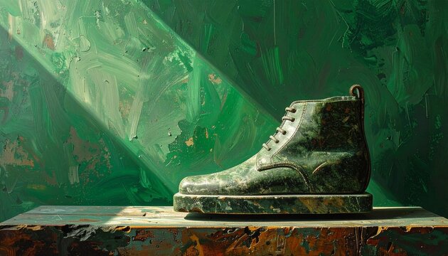 Worn green hiking boot on rustic wooden surface.
