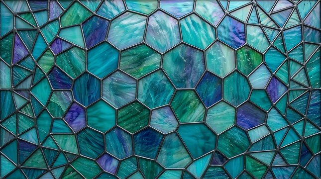 Abstract stained glass background with teal and blue hexagonal mosaic pattern, geometric grid with dark lead lines and marbled glass texture