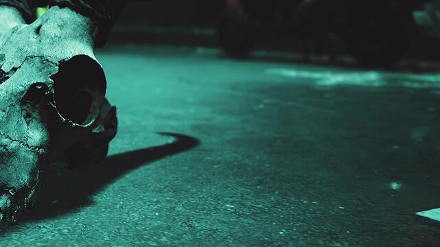 A skull lies on the ground in a dark urban setting. The scene is illuminated by a faint blue light. Nearby, a motorcycle is partially visible. The atmosphere feels eerie.