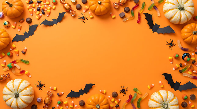Pumpkins candy corn and plastic bats create a festive halloween flat lay arrangement on orange