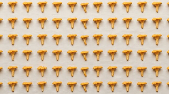 A repetitive pattern of fresh yellow chanterelle mushrooms arranged in neat rows on a light beige parchment paper background surface