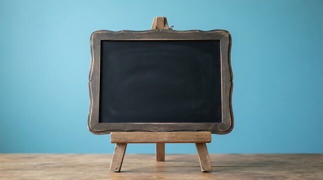 An empty rectangular wooden chalkboard frame standing on a small wooden easel on a wooden table against a solid bright blue background