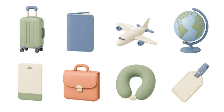 Office and travel icons, suitcase, notebook, airplane, globe, briefcase, tag, and neck pillow 3D set.