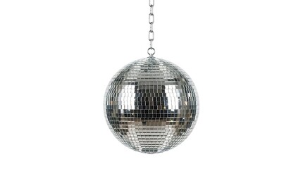 Fototapeta premium Reflective silver disco ball with small square mirrors hanging from a metal chain isolated on a white background, for party decoration