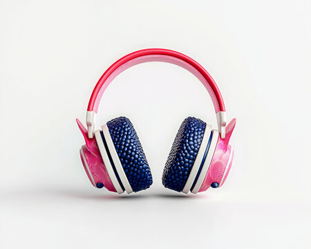 Headphone, pink, blue, audio device on white background, 3D rendering