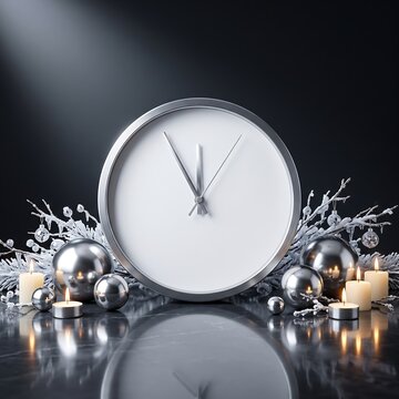Minimalist silver clock with metallic spheres and candles for new year