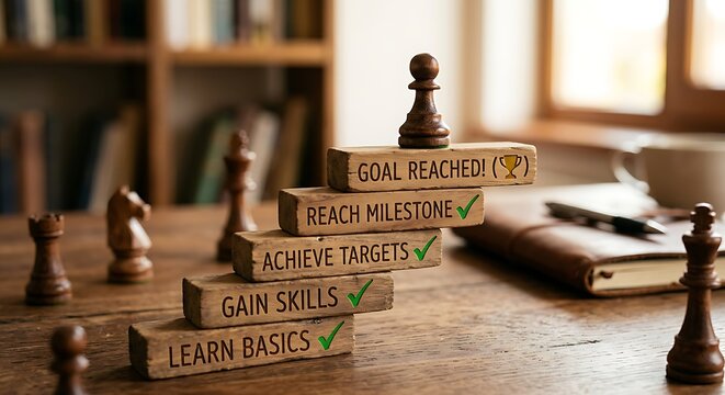 Wooden blocks stacked as a staircase with motivational text and a chess pawn on representing business goals and growth