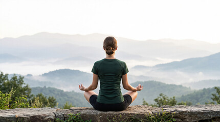 Fototapeta premium Woman practicing peaceful outdoor meditation in lotus position overlooking misty mountain layers.