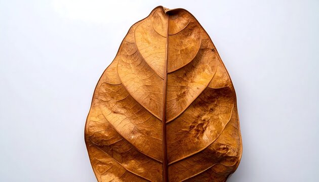 Dry Brown Autumn Leaf with Veins on White Background Close Up
