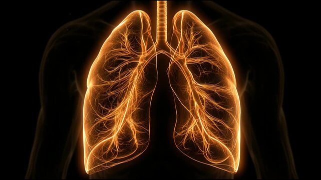 The glowing respiratory system shows lung structures in an animation with clear lines and bright features in a dark space.