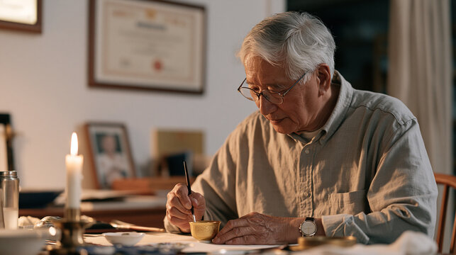 Elderly porcelain painter works by candlelight on a hand gilded teacup, manufacturing reshoring certificate framed on the wall behind, artisan craft revival domestic production
