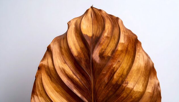 Close-up of dried brown autumn leaf with detailed veins on white background