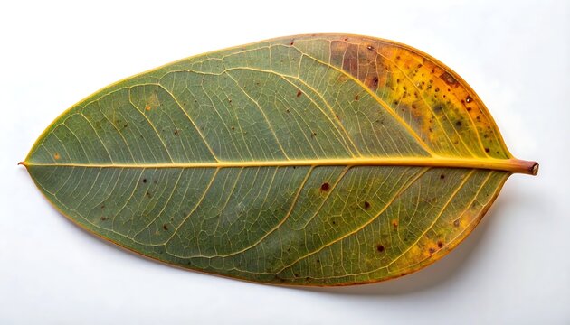 Aging Green And Yellow Banyan Leaf Isolated On White Background