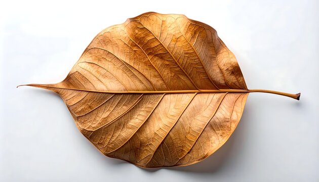 Single dry brown bodhi leaf with detailed veins on white background