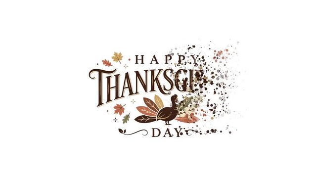 Happy Thanksgiving Day Animated Text with Turkey and Autumn Leaves on White Background.
