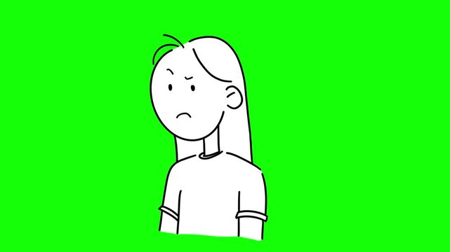 Animated cartoon girl showing confused, annoyed and irritated expression on green screen backdrop.