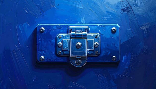 Close up of a vintage blue metal padlock on textured surface.