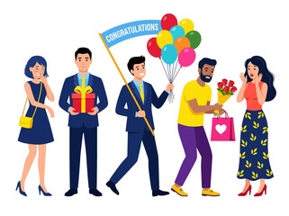 Fototapeta premium Diverse Group Celebrating with Gifts and Balloons Vector Illustration