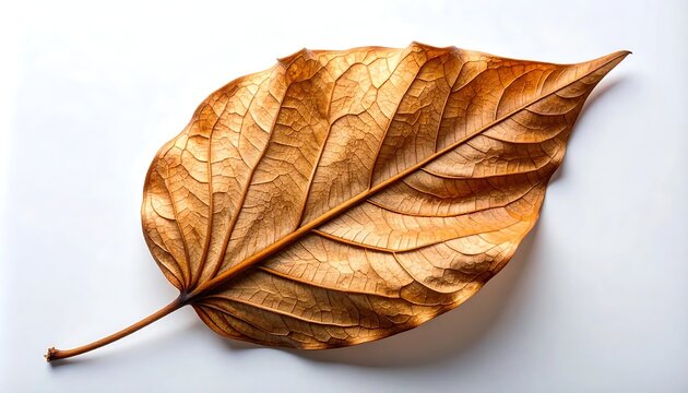 Macro Close Up of a Single Dried Golden Autumn Leaf Isolated on a Bright White Background