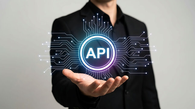 Businessman holding API application programming interface virtual network icon concept