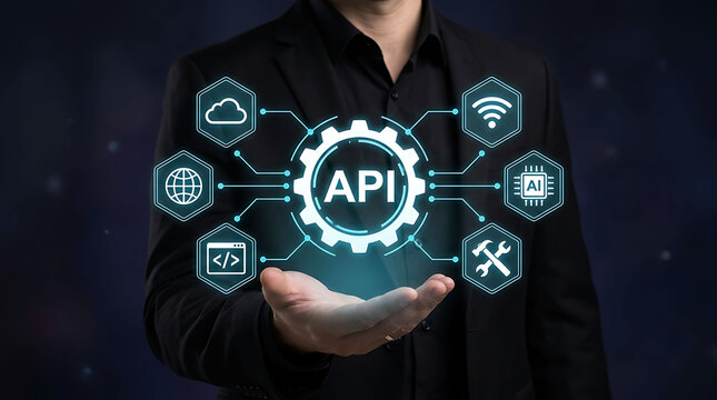 Businessman holding API application programming interface virtual network icon concept