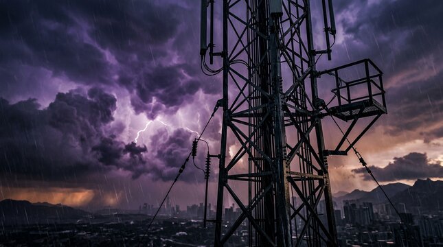 Communication tower silhouette against a dramatic purple thunderstorm sky at night.