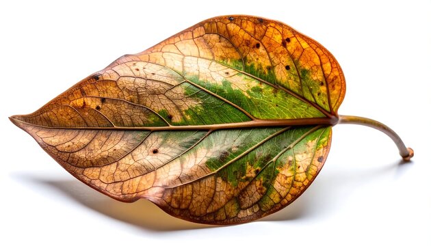 Dry Autumn Leaf with Green and Brown Colors Isolated on White Background