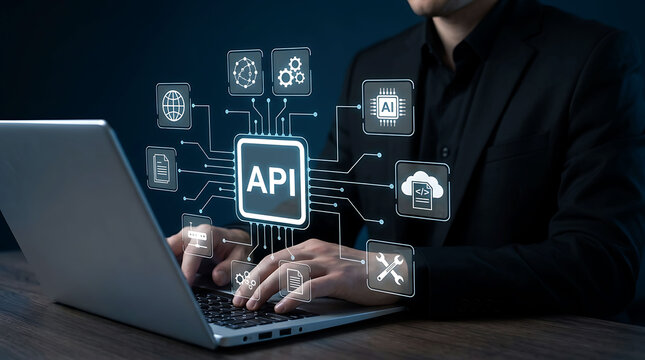 Businessman holding API application programming interface virtual network icon concept