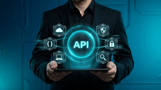 Businessman holding application programming interface API software integration network concept