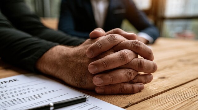 Hands clasped on a desk near a document suggest a job interview or business meeting.