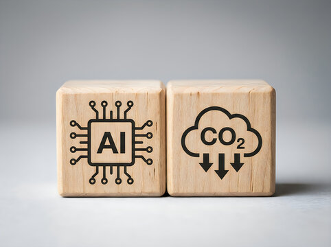 Wooden blocks with AI and CO2 icons representing artificial intelligence and carbon footprint