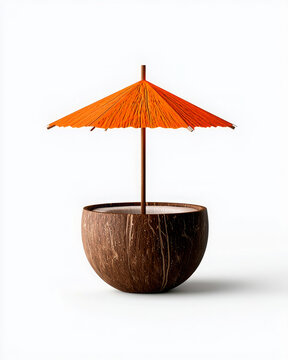 Coconut umbrella orange cocktail 3D rendering with tropical drink concept