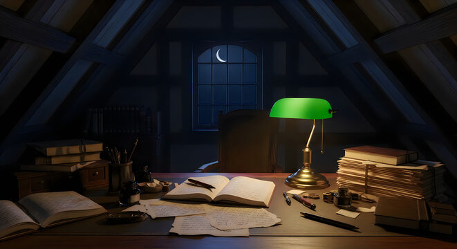 Vintage attic study with green bankers lamp, dark library workspace at night, cozy writer desk with moonlit window