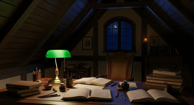 Vintage attic study with green bankers lamp. Cozy home office desk at night. Antique library workspace with books and moonlit window.