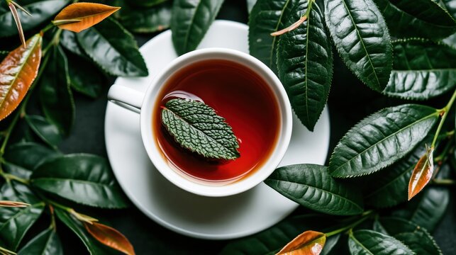 Tea Cup With Fresh Mint Leaf Surrounded By Green Foliage