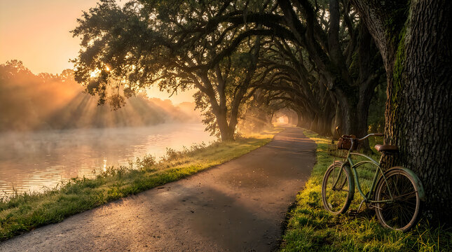 Misty sunrise park landscape with bicycle, golden sunbeams over river path, serene morning nature scene with oak trees