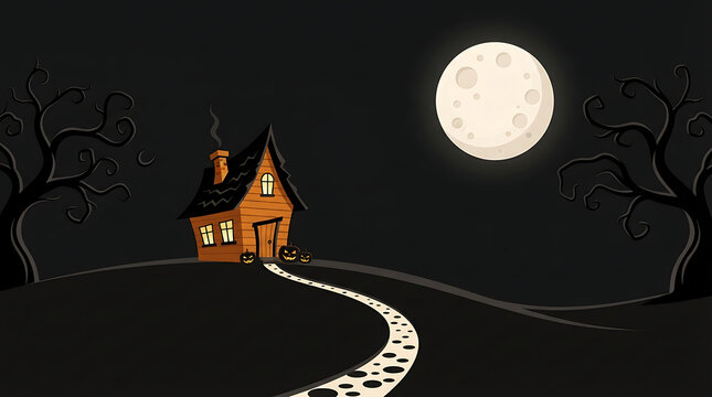 A whimsical haunted house illustration with a full moon and silhouetted trees against a dark backdrop