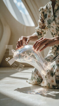 Woman fingers touch a glowing translucent digital interface shaped like an organic fluid droplet. Sunlight streams through a circular window onto her floral print dress in this bright indoor scene.