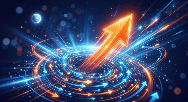 Orange arrow emerges from swirling blue energy a futuristic vector illustration
