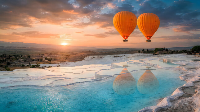 Hot air balloons flying over white travertine terraces at sunrise with water reflection